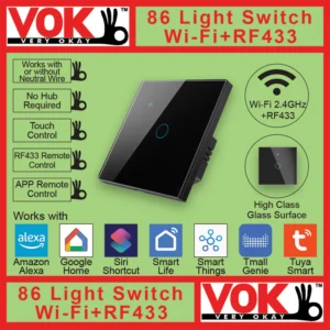 VOK Smart Wi-Fi+RF433 1-Gang Black Color 86-EU/UK/Global Borderless Glass Power Light Switch Indoor Control Panel with LED Indicator