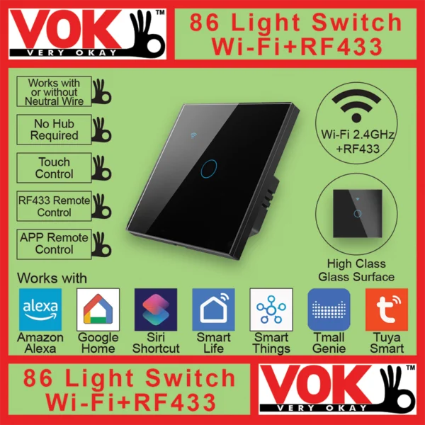 VOK-1004wb1-Smart Wi-Fi RF433 1 Gang Black Light Switch 86-EU-UK Borderless Glass with LED Indicator