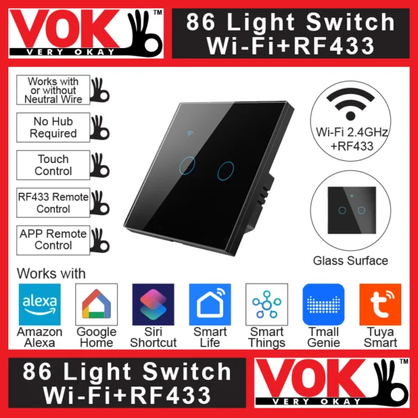 VOK-1005wb2-Smart Wi-Fi RF433 2 Gang Black Light Switch 86-EU-UK Borderless Glass with LED Indicator