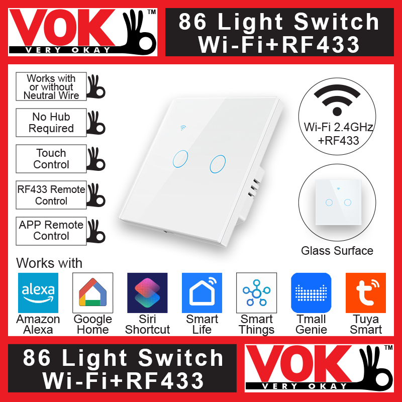 VOK-1005ww2-Smart Wi-Fi RF433 2 Gang White Light Switch 86-EU-UK Borderless Glass with LED Indicator