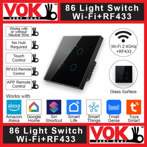 VOK-1007wb4-Smart Wi-Fi RF433 4 Gang Black Light Switch 86-EU-UK Borderless Glass with LED Indicator