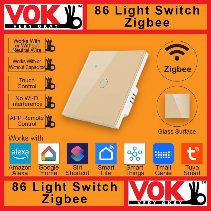 VOK-1008zg1-Smart Zigbee 1 Gang Gold Light Switch 86-EU-UK Borderless Glass with LED Indicator