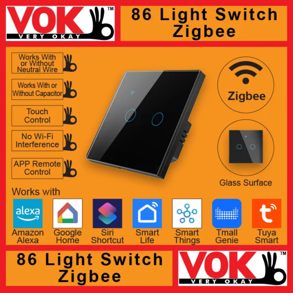 VOK-1009zb2-Smart Zigbee 2 Gang Black Light Switch 86-EU-UK Borderless Glass with LED Indicator