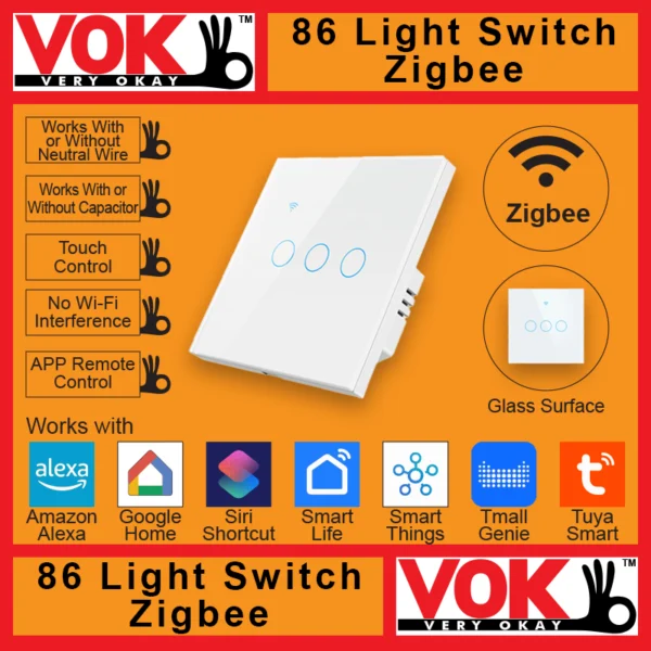 VOK-1010zw3-Smart Zigbee 3 Gang White Light Switch 86-EU-UK Borderless Glass with LED Indicator