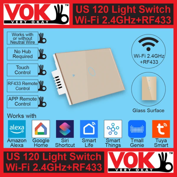 VOK Smart Wi-Fi+RF433 1-Gang Gold Color 120 USA American Standard Borderless Glass Power Light Switch Indoor Control Panel with LED Indicator