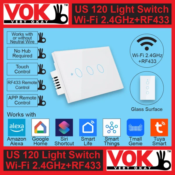 VOK Smart Wi-Fi+RF433 3-Gang White Color 120 USA American Standard Borderless Glass Power Light Switch Indoor Control Panel with LED Indicator