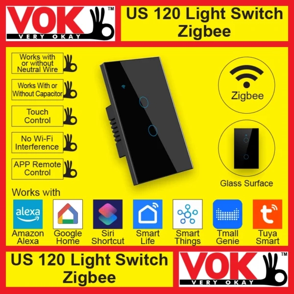 VOK-1017-120zb2-Smart Zigbee 2 Gang Black Light Switch US 120 Borderless Glass with LED Indicator