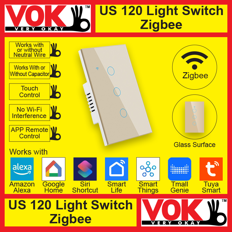 VOK-1018-120zg3-Smart Zigbee 3 Gang Gold Light Switch US 120 Borderless Glass with LED Indicator