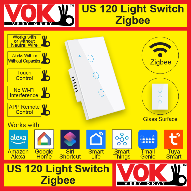 VOK-1018-120zw3-Smart Zigbee 3 Gang White Light Switch US 120 Borderless Glass with LED Indicator