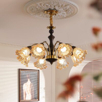 French Mid-Century Modern Chandelier, Retro Walnut Wood Lighting, Luxury Living Room & Bedroom Ceiling Light