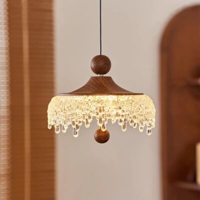 Adjustable Retro Pendant Light, French Mid-Century Chandelier, Walnut and Crystal Hallway Lighting